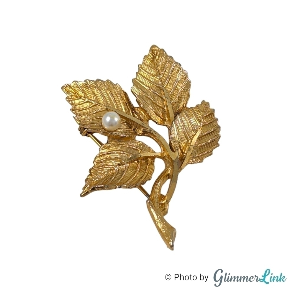 Vintage BSK Textured Four Leaves Branch Faux Pearl Mid Century Gold Tone Brooch